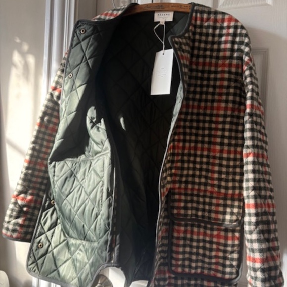 Sezane Plaid Quilted Jacket - Olive, Rust Orange, Cream - Picture 3 of 8